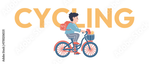 Flat vector illustration person cycling bicycle with a backpack and a basket large text CYCLING healthy transportation eco friendly travel daily commute
