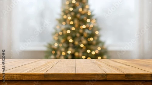 Empty wooden table with glowing Christmas tree, cozy blurred lights, and soft snow, perfect warm holiday background for festive videos or product ads
