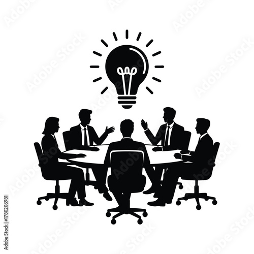 Team brainstorming session under a bright idea lightbulb