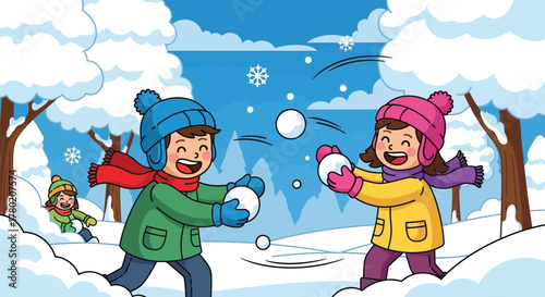 Children joyfully playing in the snow throwing snowballs on a bright winter day