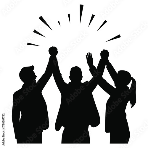 Silhouetted team celebrating victory with raised hands