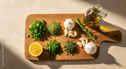 Cooking Ingredients Flat Lay with Olive Oil and Lemon
