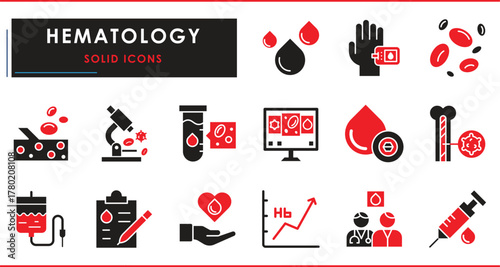 A set of flat icons related to Hematology. Blood, cell, vessel, microscope, diabetes, hemoglobin, bone marrow, transfusion bag, and so on. Vector solid symbols.