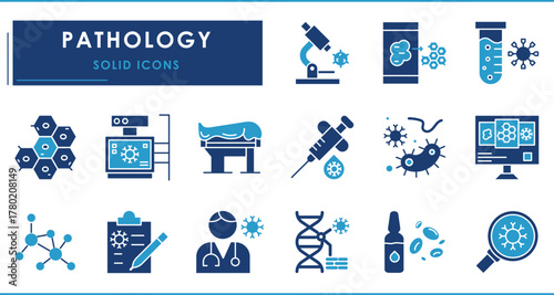 A set of Flat icons related to Pathology. Microscope, tissue, petri dish, blood sample, forensic, digital, biopsy needle, and so on. Vector solid symbols.