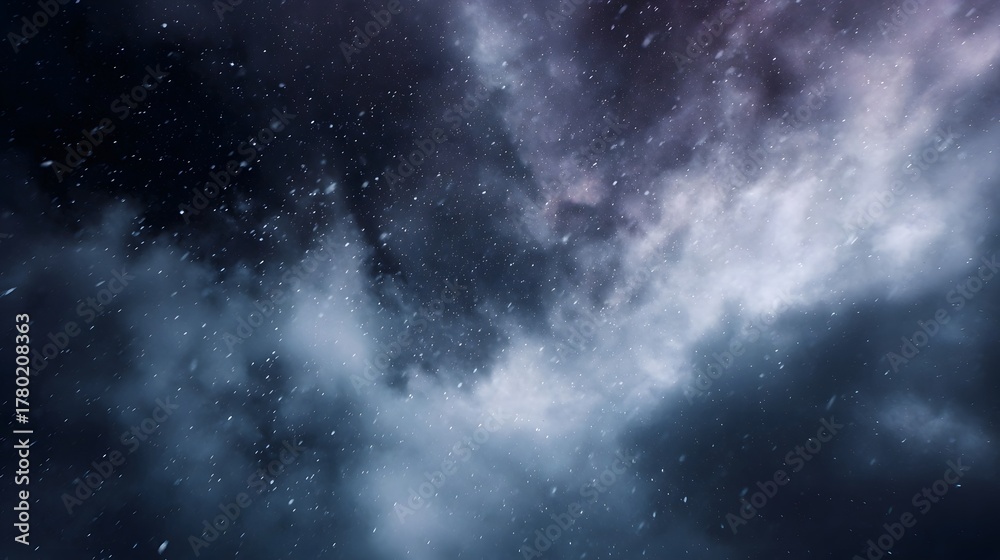 Obraz premium Dramatic dark and moody swirling clouds with falling white particles evoking a cosmic or winter atmosphere