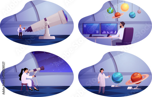Observatory interior with telescope and planetarium, astronomy scientists observing space vector flat illustrations set