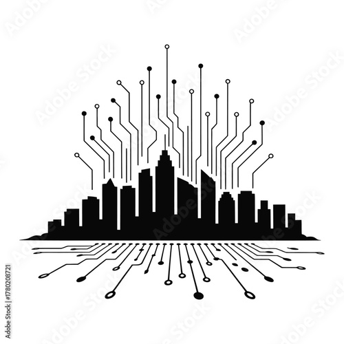 Digital cityscape with integrated circuitry and data flow