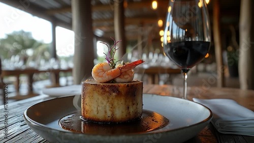 Gourmet Shrimp Dish with Red Wine in an Elegant Restaurant Setting.