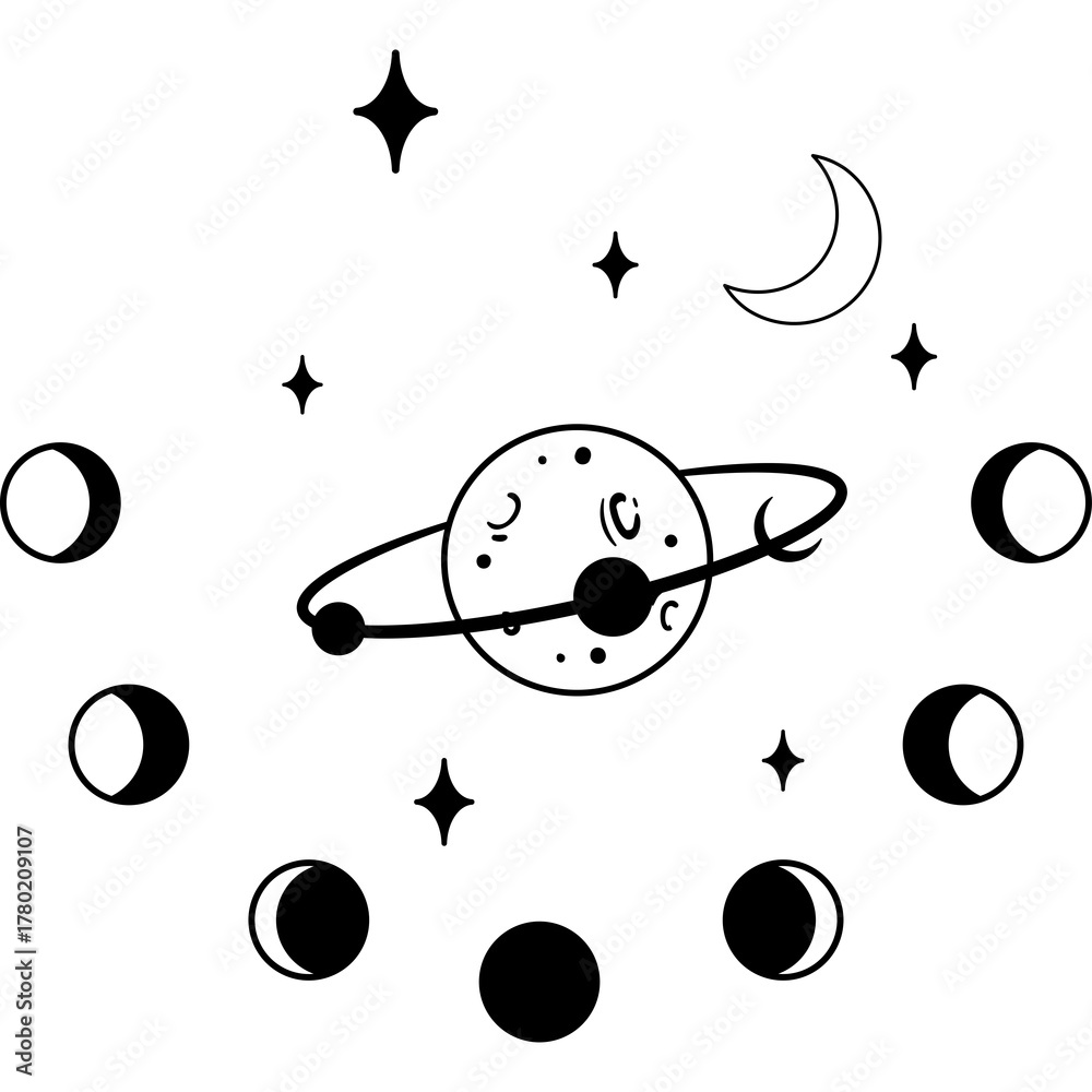 Fototapeta premium Celestial Moon Phases Ringed Planet Stars and Crescent Moon Tattoo Design Element in Black and White on Transparent Background