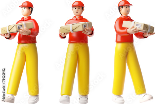 Delivery courier man holding parcel box, 3D cartoon postman in red uniform carrying package, logistic service vector set