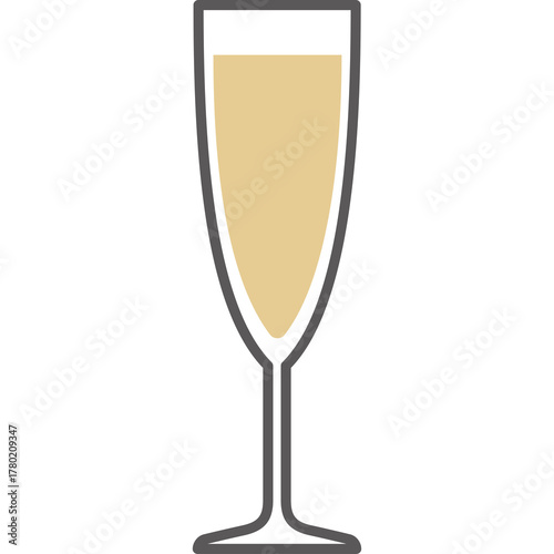 Champagne Flute Glass Filled with Golden Beverage Isolated on Transparent Background Simple Vector Graphic