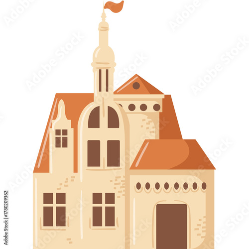 Charming Beige Castle with Orange Roof and Flag on Transparent Background Ideal for Fairytale Princess Themes