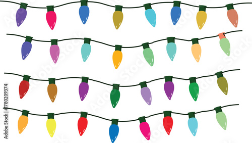 Assorted Colorful Christmas Lights on White Background Keywords: Christmas lights, string lights