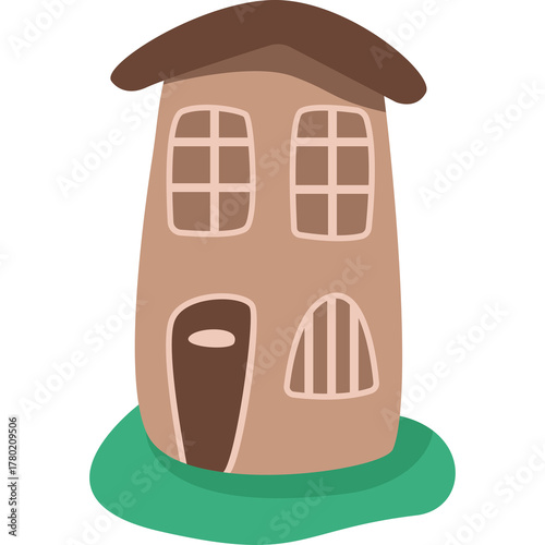 Charming Cartoon House with Brown Roof and Green Base on Transparent Background Simple Design Elements