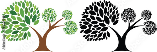 Multi-branched Green Tree and Black Silhouette Tree on White Keywords: tree, green tree