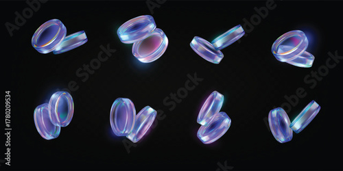 3D holographic glass coins pair float, realistic purple iridescent crystals, game token, casino chip vector set on black