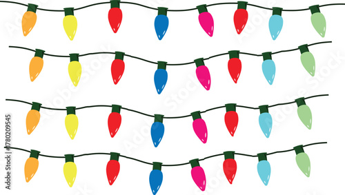 Rows of Colorful Christmas Lights on White Background Keywords: Christmas lights, string lights