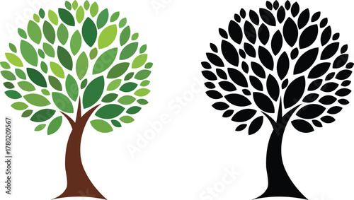 Stylized Green Tree and Black Silhouette Tree on White Keywords: tree, green tree, silhouette