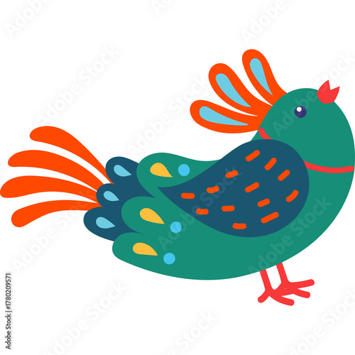 Charming Flat Design Bird Illustration with Teal Body Orange Accents and Blue Feather Details on Transparent Background