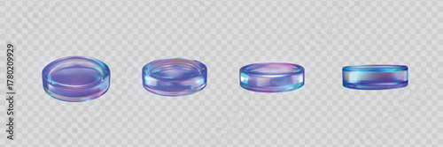 3D holographic purple iridescent glass coins edge view, game token, casino chip, realistic crystal medal vector set