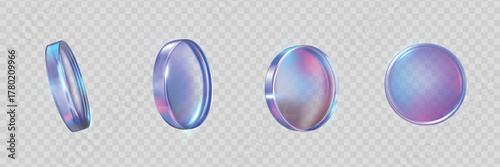 3D holographic purple iridescent glass coins view from different angles vector set, realistic game token, casino chip
