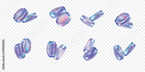 Realistic 3D holographic glass coins pair floating falling, purple iridescent crystal game token, casino chip vector set