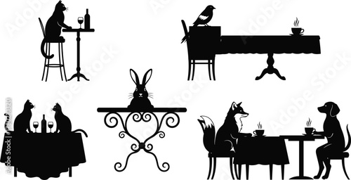 Animal dining silhouette illustration, cat, rabbit, fox, dog, bird at table, tea time, wine glass, whimsical vector, anthropomorphic scene