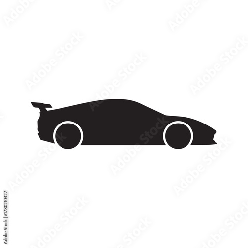 Sports car silhouette icon vector. Fast racing automobile with spoiler, side view vehicle symbol. Black supercar graphic illustration isolated on white.
