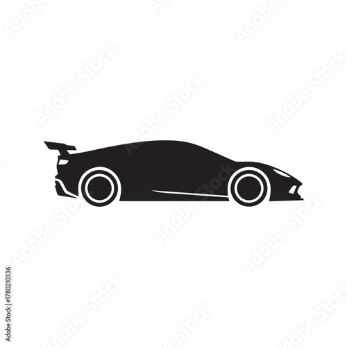 Sports car silhouette icon vector. Fast racing automobile with spoiler, side view vehicle symbol. Black supercar graphic illustration isolated on white.
