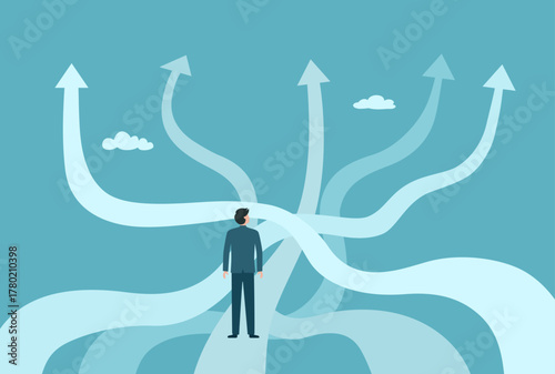 Business decisions or choices, Finding the right direction, Business opportunities or paths to success, Decide the path ahead, Businessman are choosing a business path.