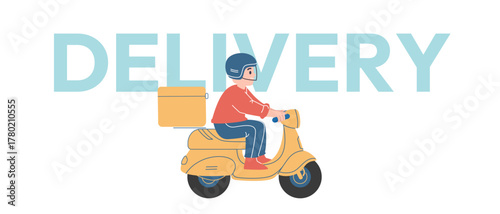 Delivery person wearing helmet riding scooter motorcycle with large parcel box text DELIVERY logistics courier service fast shipping