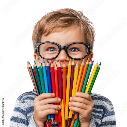 Young Boy Holding Colorful Pencils isolated on a transparent background