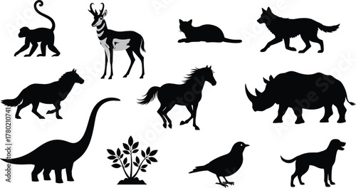 Animal silhouette illustration, monkey, cat, horse, rhino, dinosaur, bird, dog, wildlife vector, black graphic, nature theme, plant element