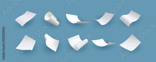 White paper flying, realistic paper sheet, curled page document blank with shadow, letter or note floating vector set