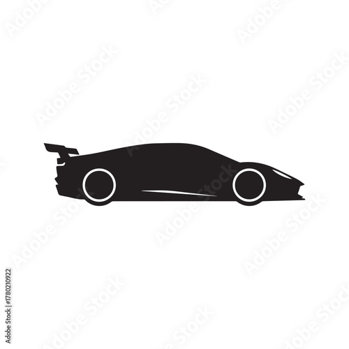 Sports car silhouette icon vector. Fast racing automobile with spoiler, side view vehicle symbol. Black supercar graphic illustration isolated on white.
