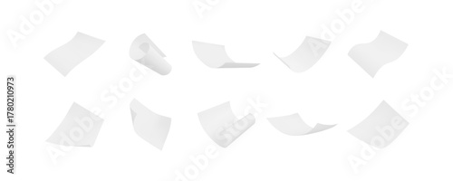 White paper flying, realistic clear sheet, curled page document blank, letter or note mockup floating in air vector set