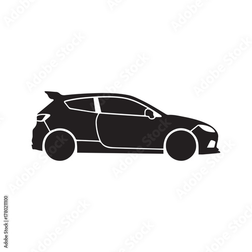 Sporty hatchback car icon vector silhouette. Compact hot hatch vehicle symbol with spoiler. Simple black automobile graphic illustration isolated on white.
