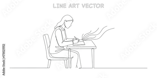Woman sitting at desk writing in notebook continuous line art