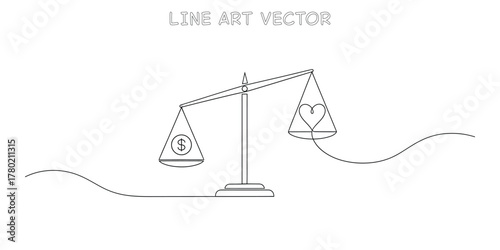 Scale balancing money symbol and heart continuous one line drawing