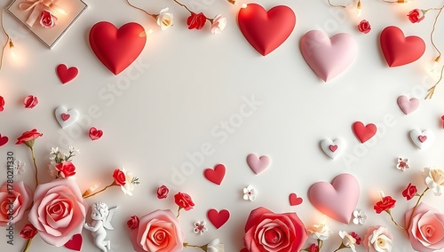 Valentine's Day flat lay with hearts, roses, and a gift box on a white background.