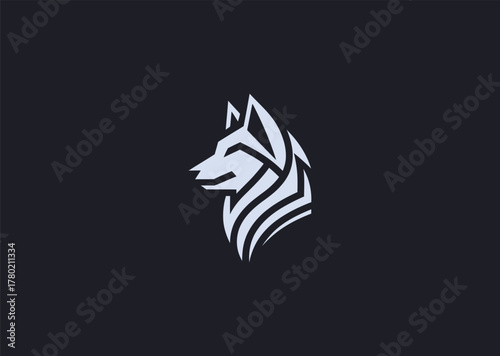 A geometric wolf logo with sharp angular lines and symmetry, representing loyalty and leadership, crafted in a modern minimalist vector design style
