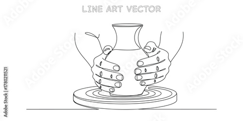 Hands shaping a clay pot on pottery wheel line art