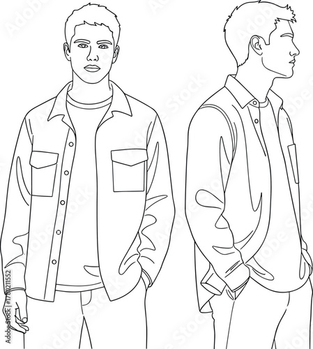 Stylish young man outline wearing casual shirt and pants, front and side view fashion sketch for clothing design reference illustration.