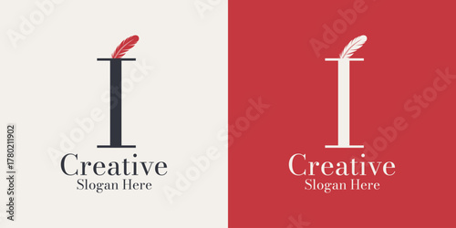 Classic I letter logo design with elegant red feather quill