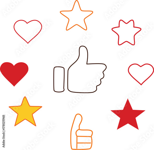 Vibrant Thumbs Up and Heart Icons With Stars for Social, Family, and Reward Themes