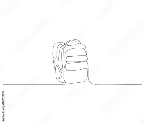 One continuous line drawing of ransel backpack. single line drawing of school backpack. back to school education concept. editable outline