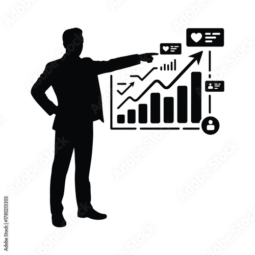 Businessman points to upward trending business growth chart with social media icons