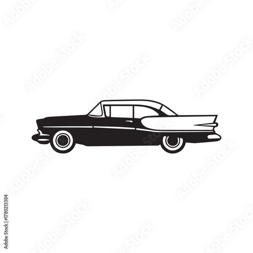 Classic 1950s vintage car silhouette. Retro American automobile vector icon with tailfins. Side view graphic illustration isolated on white.
