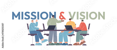 diverse business team in meeting discussing corporate strategy and goals laptops open table title mission and vision emphasizes strategic planning goal setting