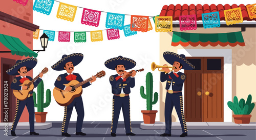 Mariachi band plays music on street decorated with papel picado, with cacti and buildings in the, celebrating mexican holiday